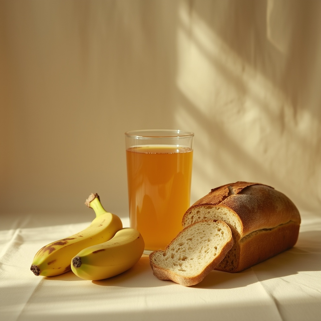 Stillleben mit Banane, Kombucha, Sauerteigbrot – symbolisiert natürlichen Alkohol in Lebensmitteln und bewussten Genuss.